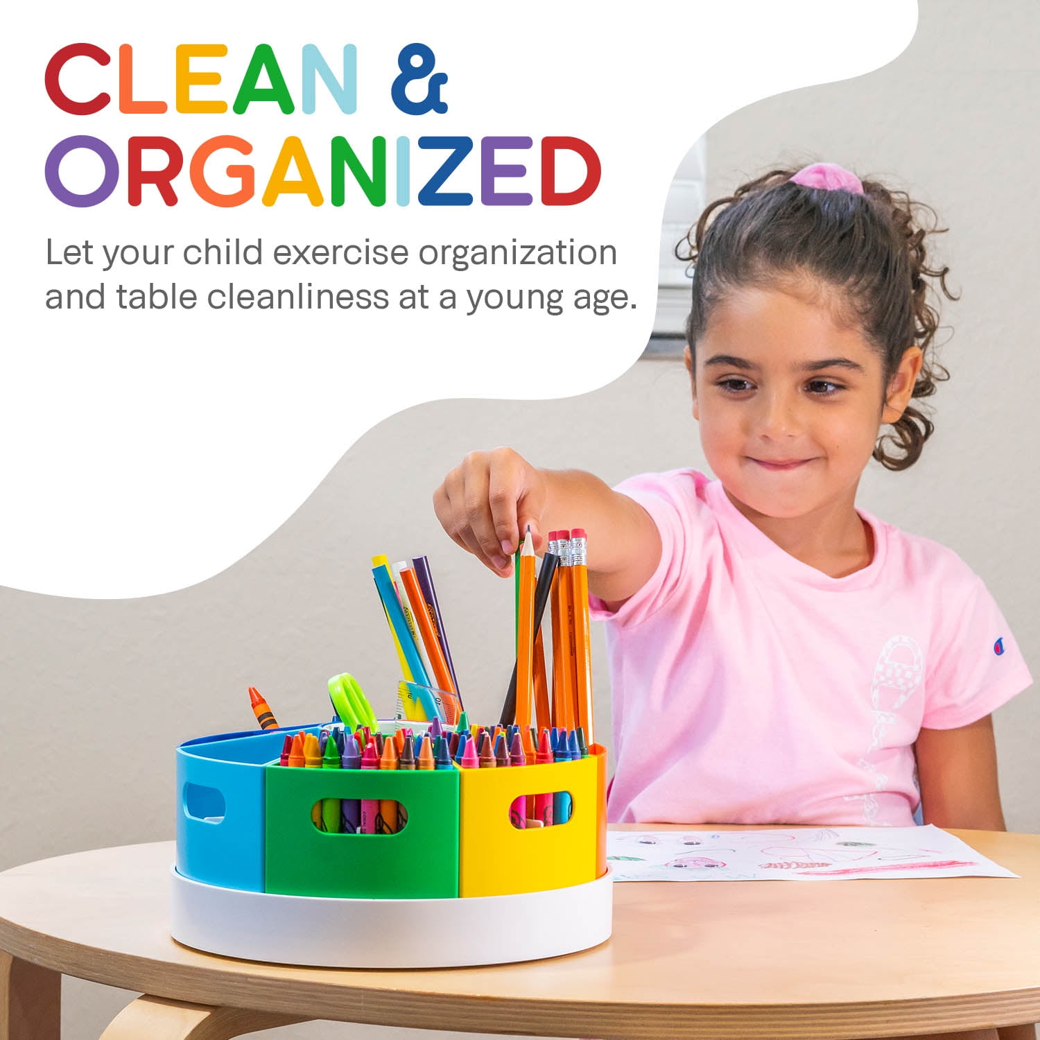 Crayon Organizer for Kids with Removable Dividers - Lazy Susan School Art Supplies Caddy , Markers & Pencils Holder , Rotating Kids Desk Organizer Storage Rainbow Color