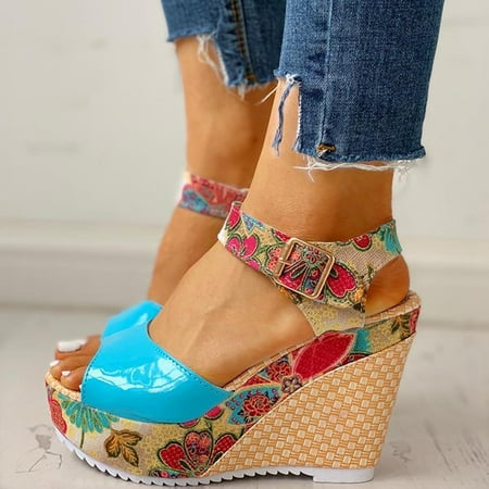 

MIASHUI shoes for women Women Fish Mouth Platform High Heels Wedge Sandal Lace Unpositioned Printing National Style Slope Sandals