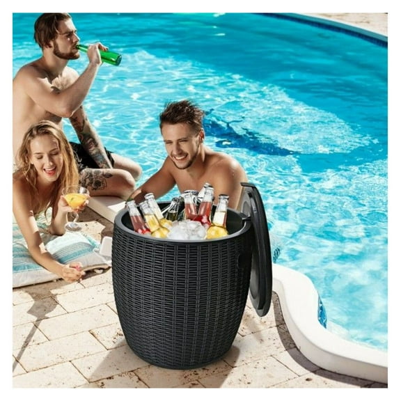 9.5 Gallon Patio Rattan Ice Cooler 4-in-1 Bar Table - Outdoor Side Table, Stool & Storage - Wicker Beverage Tub for Pool, BBQ, Party & Garden