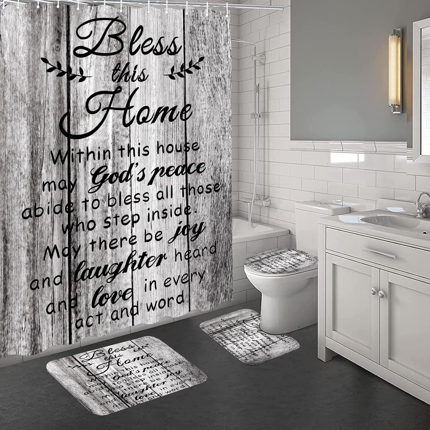 4 PCS White Bible Verse Shower Curtain Sets,Inspirational Quotes Bathroom Sets with Shower Curtain and Rugs and Accessories,Christian Bathroom Shower Curtains Decor with 12 Hooks,72 X 72Inches