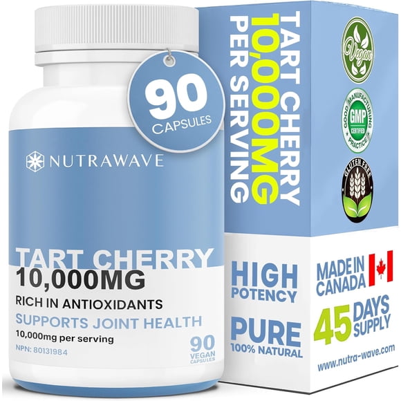Nutrawave Cerise Acidulée 10 000 mg – Soutien des Articulations et des Muscles, Soutien du Sommeil, Supplément Antioxydant, 90 Capsules Véganes, non-OGM, Sans Gluten, Fabriqué au Canada