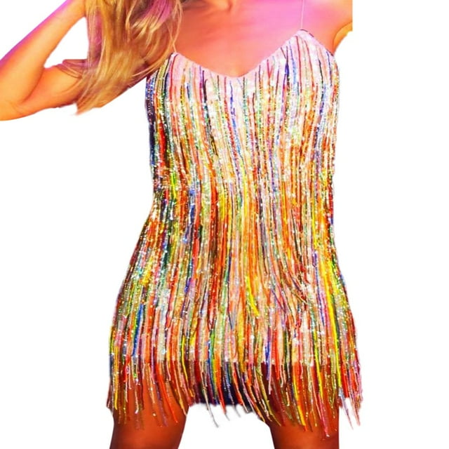 Robe Moulante à Bretelles Spaghetti pour Femmes Mini Robe à Paillettes Franges pour Fête Danse