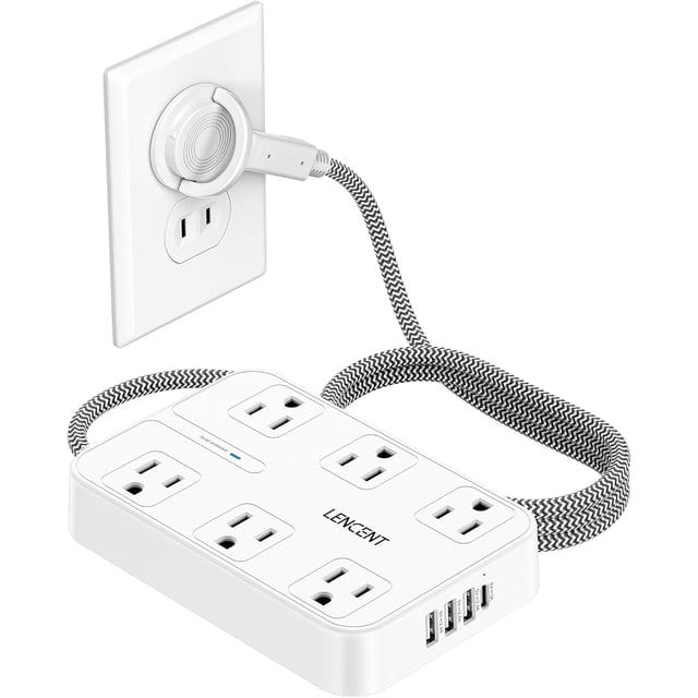 LENCENT Regleta Multicontacto de 2 a 3 Clavijas, Extension Electrica Enchufe Plano con Protector de Sobretensión, 1.8M Conector Múltiple con 6 Salidas CA y 4 Puertos USB (1 USB C), Hogar, Oficina