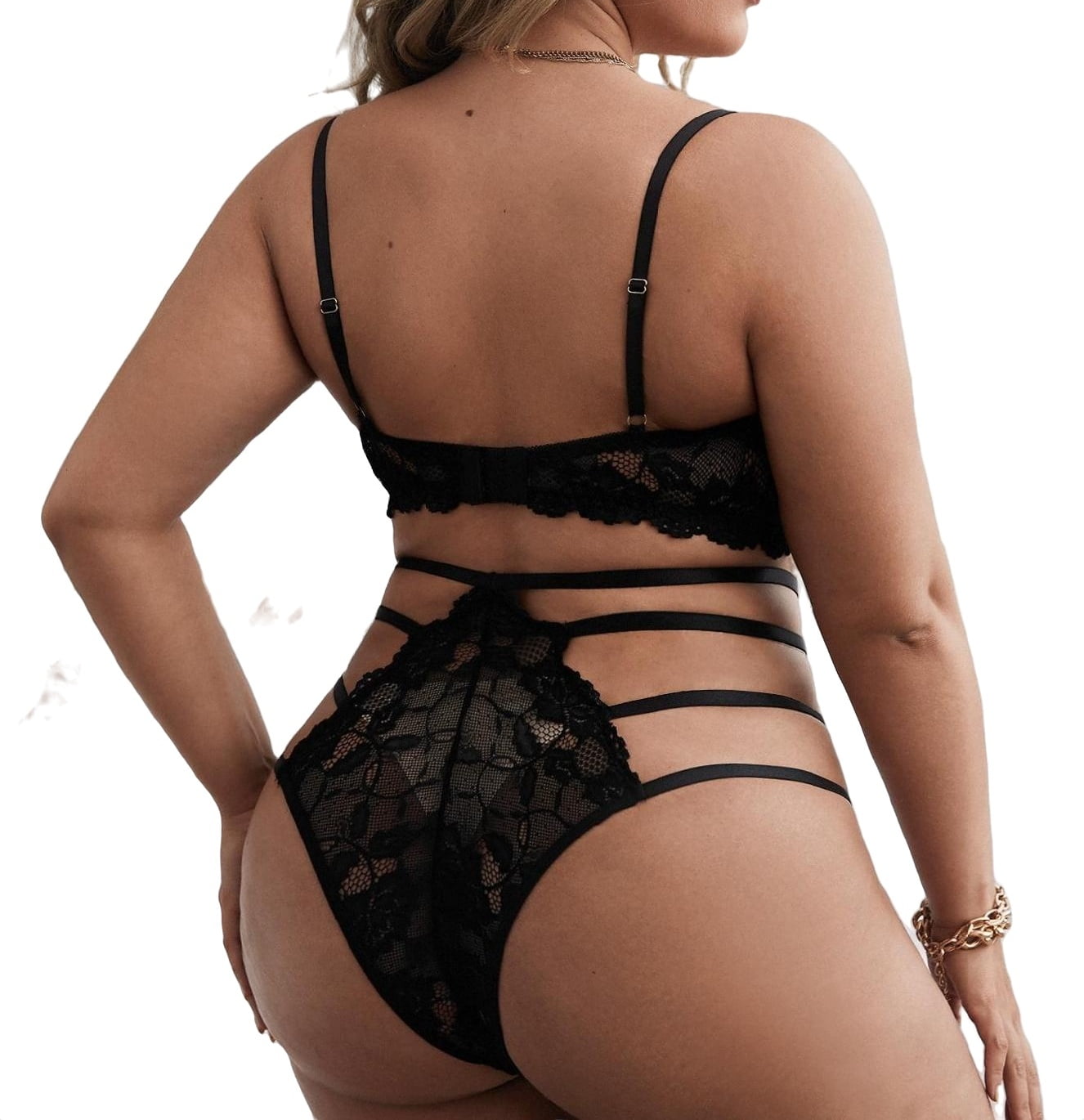 Sexy Print Black Plus Size Bra & Panty Sets (Women's)