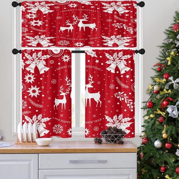 Christmas Deer Snow Kitchen Curtains with Valance and Tier Sets 36 Inch, 3 Pieces Snowflake Tree Rod Pocket Drapes Window Treatment Curtains for Kitchen Over Sink Bed Room Decor
