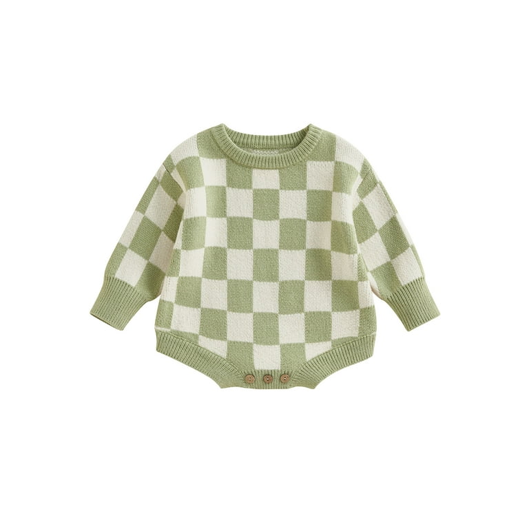 Loalirando Baby Boy Girl Knit Checkerboard Plaid Sweater Romper Pullover Soft Warm Fall Winter Clothes, Infant Unisex, Size: 6-9 Months, Green