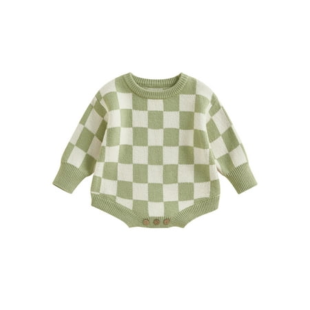 

Gureui Toddler Infant Baby Boys Girls Knitted Casual One-piece Romper Warm Long Sleeve Round Neck Checkerboard Print Sweet Bodysuit