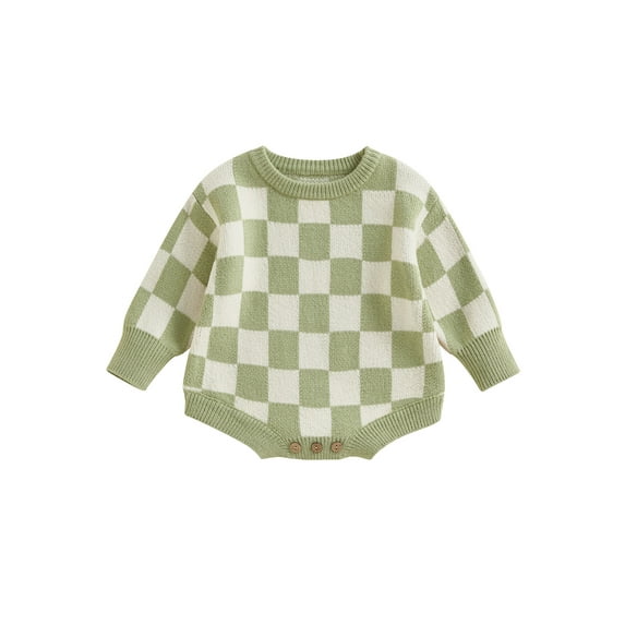 Sedceaty Newborn Baby Knitted Romper, Warm Long Sleeve Round Neck Checkerboard Print Bodysuit