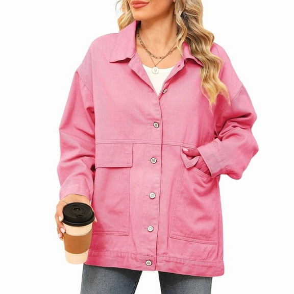 Women'S Jean Jacket Oversized Boyfriend Button Up Long Sleeve Split Denim Jackets Pink XL