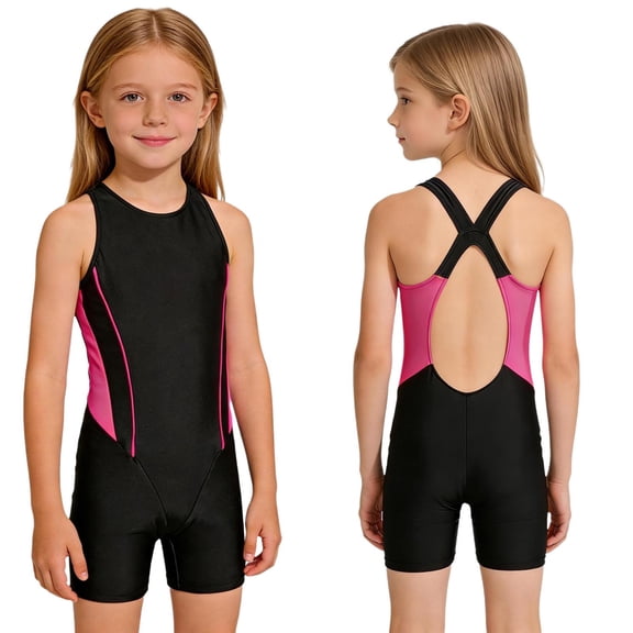 Aislor Girls Boyleg Cutout One-piece Swimsuits Swimming Costume Athletic Rash Guard Bathing Suit Swimwear Size 8-16 Rose Red&Black 14