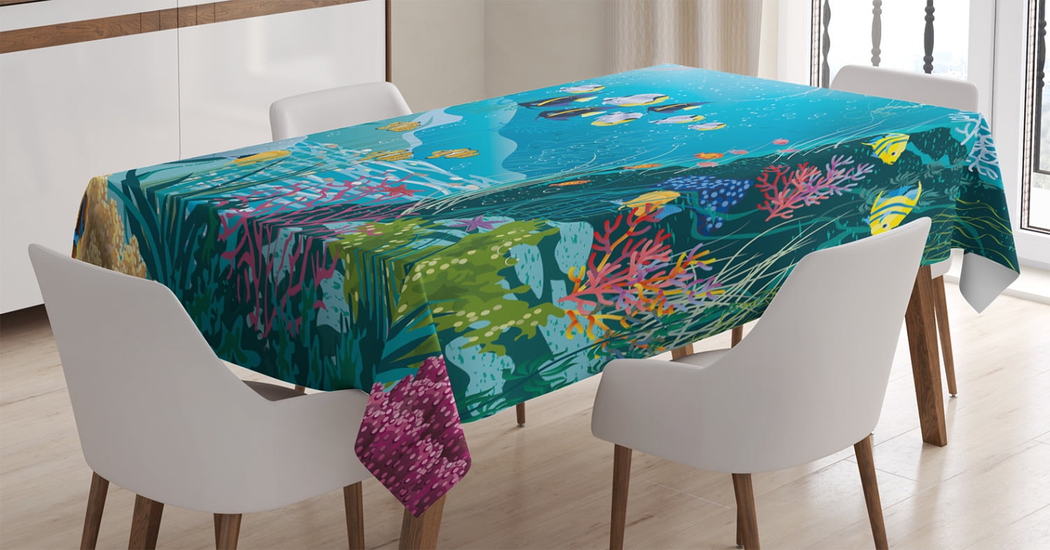 Ocean Decor Tablecloth, Underwater Landscape with Tropical Fish and ...