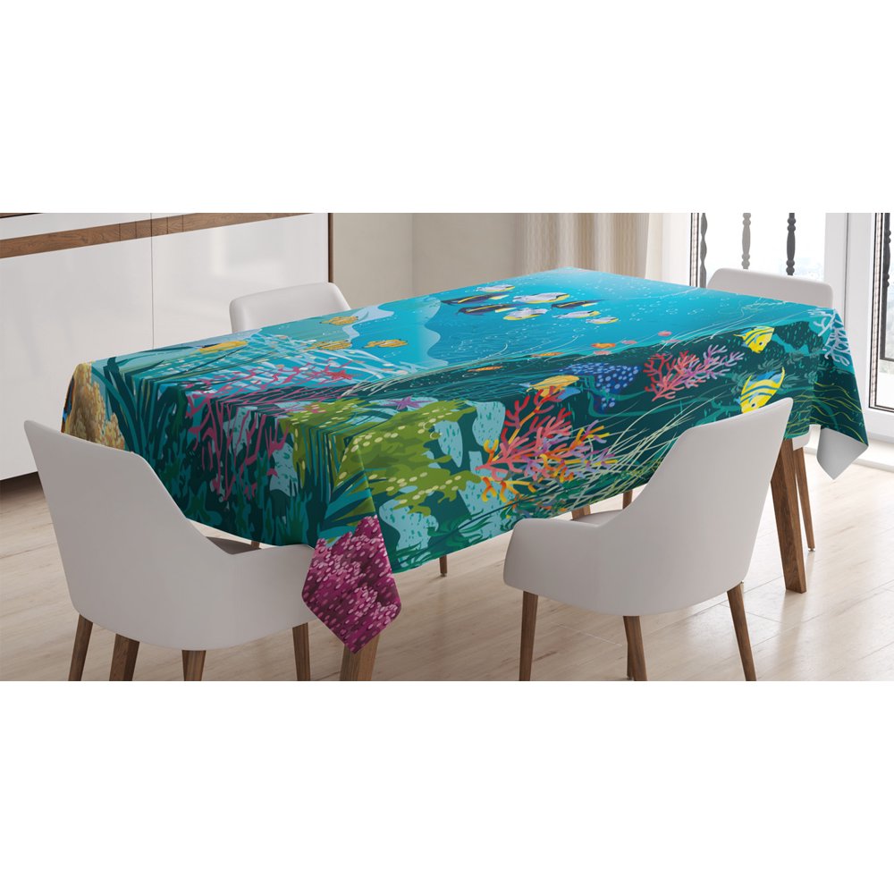 Ocean Decor Tablecloth, Underwater Landscape with Tropical Fish and