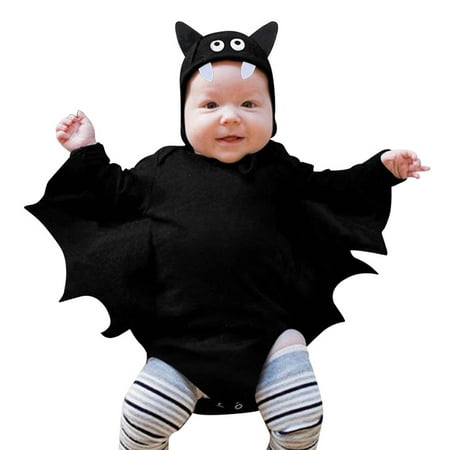 

TENSUNNYD Newborn Baby Boy Girls Romper Halloween Bat Romper Jumpsuit Spooky Season Party Long Sleeve Black Bodysuit With Hats