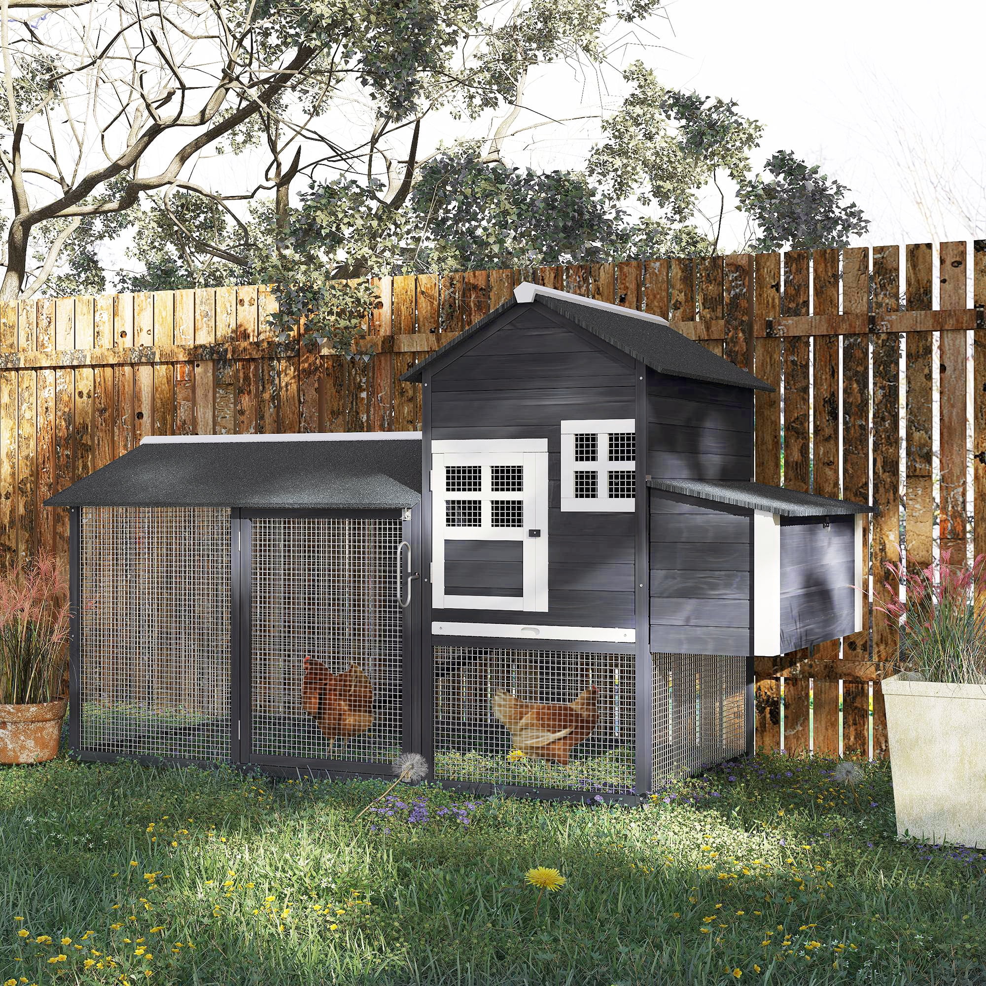 PawHut 84" Wooden Chicken Coop, Hen House Outdoor with Run Nesting Box, Asphalt Roof, Removable Tray, Ramp, Poultry Cage for 2-3 Chickens, Gray