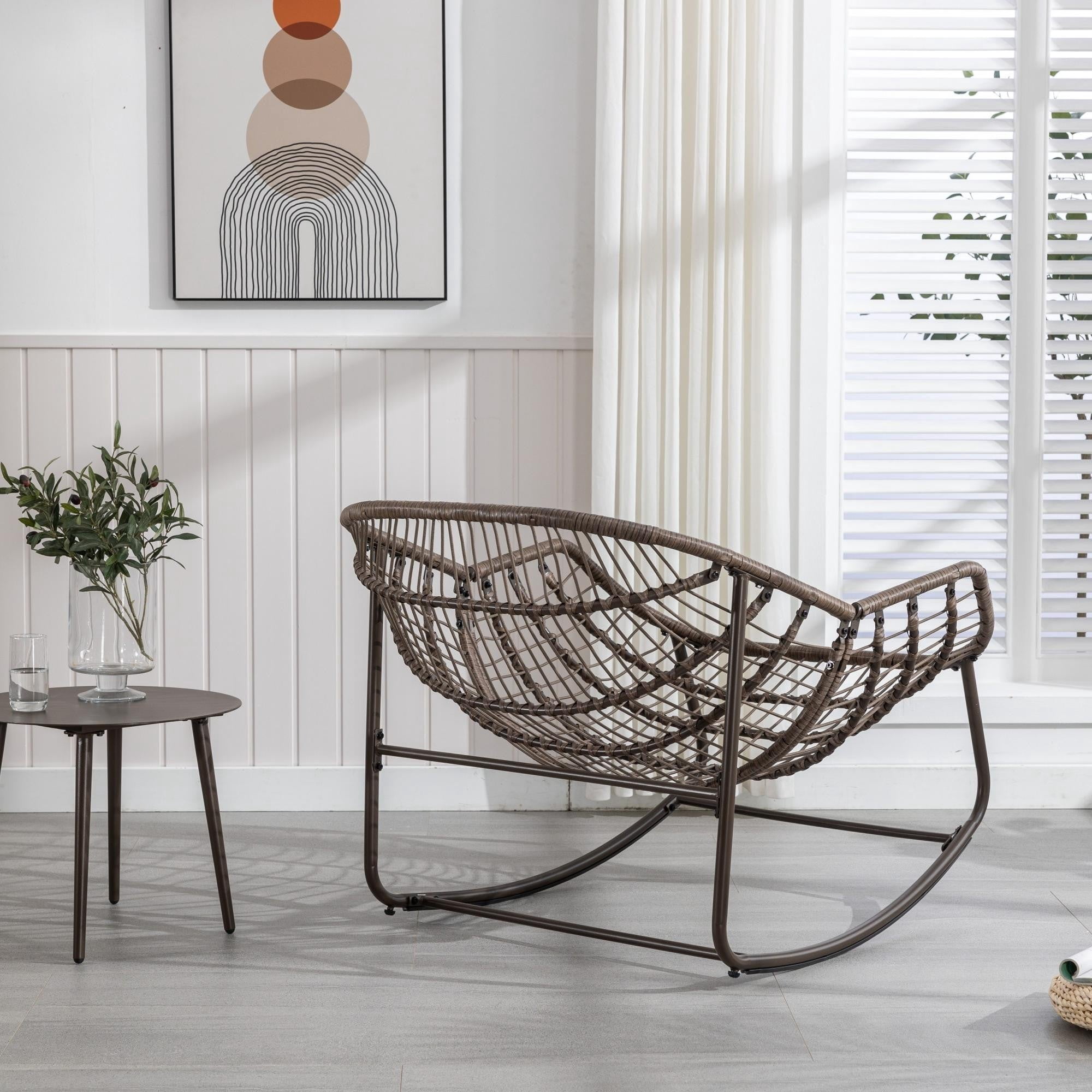 Sailvan Outdoor Rattan Rocking Chair,Oversized Wicker Egg Chair for Patio,Front Porch and Living Room Navy Blue