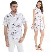 Couple Matching Hawaiian Luau Cruise Outfit Shirt Dress Classic Map White Flamingo