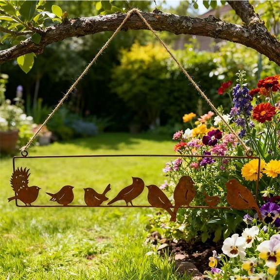 Rustic Metal Birds, 8 Piece Garden Decor Set, Weathered Iron Bird Sculptures, Outdoor Yard Art, Tree Stump Design, Courtyard Ornament, Rust Effect Finish, Lawn Decoration
