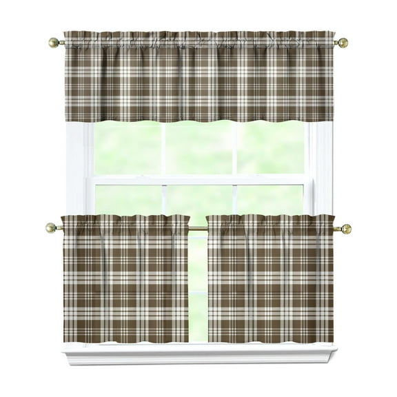 3 PCS Striped and Checkered Fusion Kitchen Curtains - Rustic Plaid Valance   Tier Panels, Vintage Checkered Rod Pocket Window Panels for Farmhouse Decor