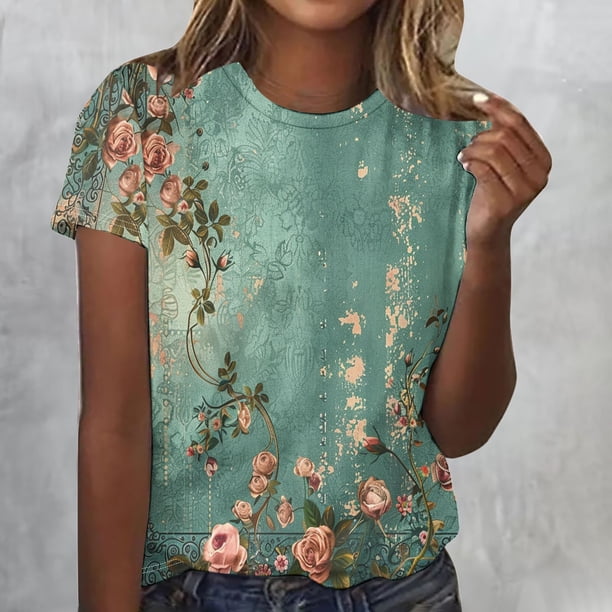 Fiudx Camisas de Mujer Camiseta de Manga Corta con Cuello Redondo y Estampado Informal para Mujer