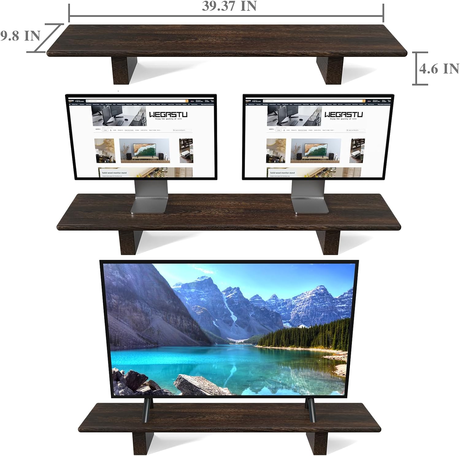 Solid Wood Rustic Desk Monitor Stand with Storage, Large Dual Monitor Riser for Laptop Computer TV PC Printers