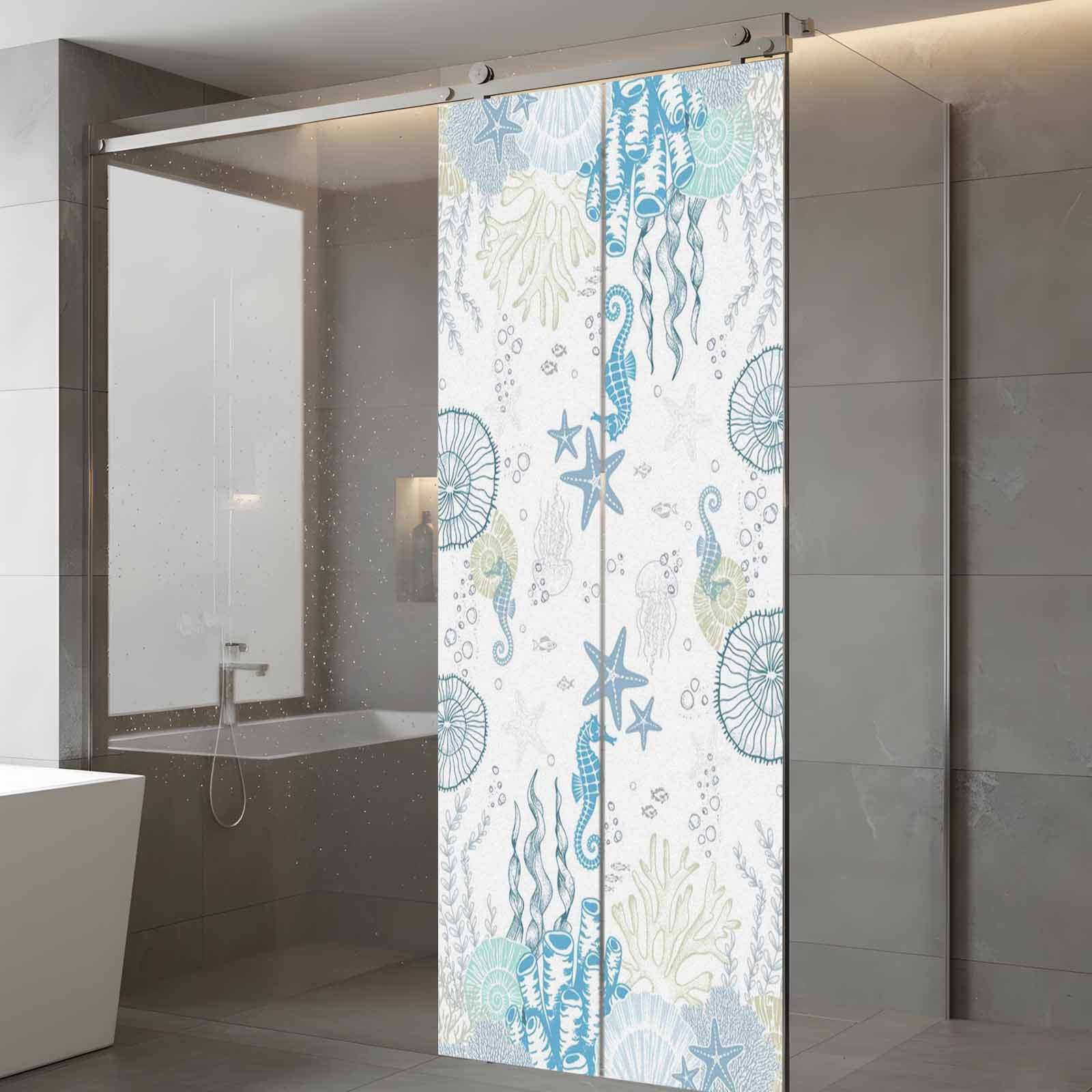Coastal Blue Window Privacy Film, Ocean Coral Starfish Jellyfish Seahorse Static Cling UV Sun Blocking Heat Control Window Tint Day and Night, Non-Adhesive One Way Windows Privacy Cover 23.6''x59''