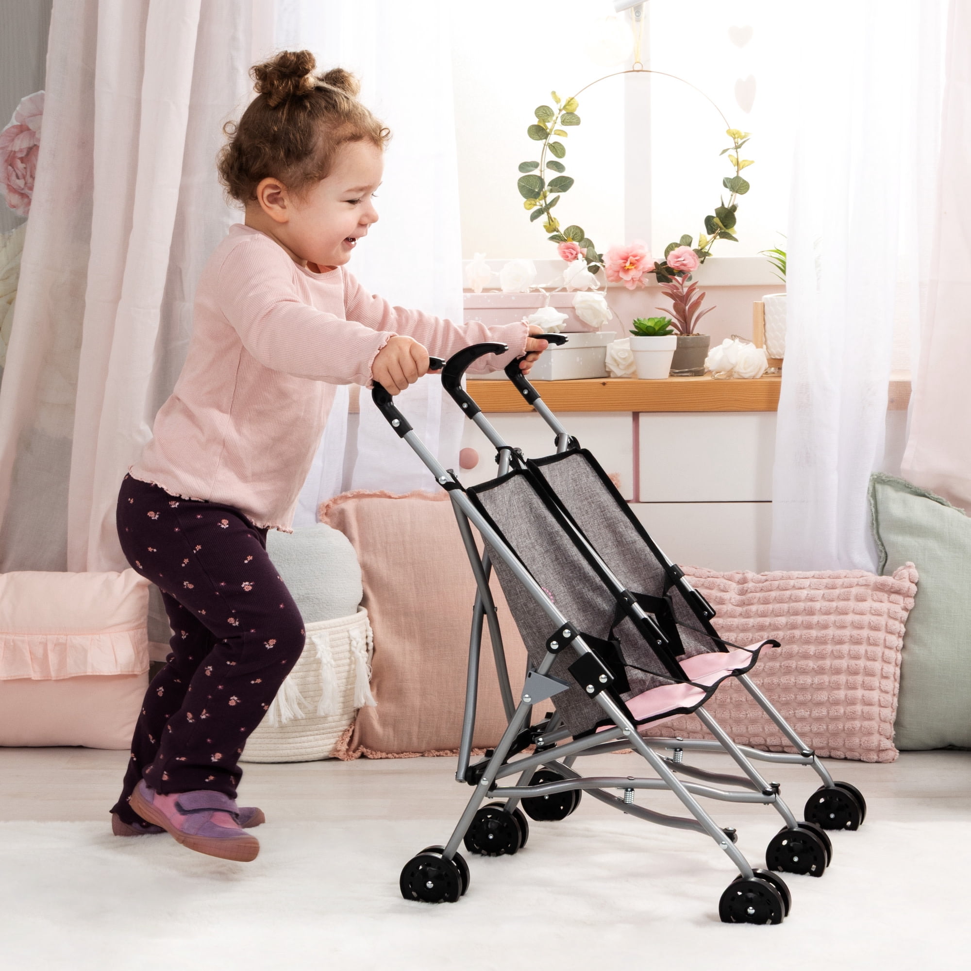 Bayer Design: Doll Twin Buggy - Pink-Grey-Butterfly- Umbrella Push Stroller, Foldable, Side-By-Side Seats, Play Toy Fits 18" Dolls, Kid-Toddler 18mo+