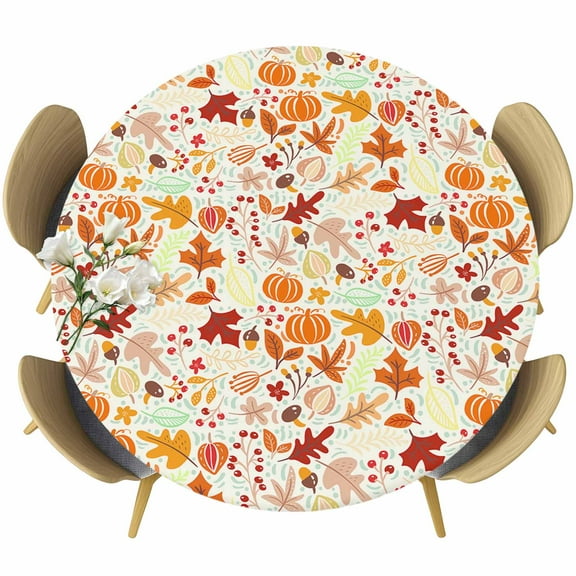 Autumn, Fitted Tablecloth with Elastic Edged, Round Table Cloth for Dining Table, Fall Pumpkins Maple Leaves Cartoon Art Decor Waterproof Oil Proof Table Cover for Indoor Outdoor 45"-54"