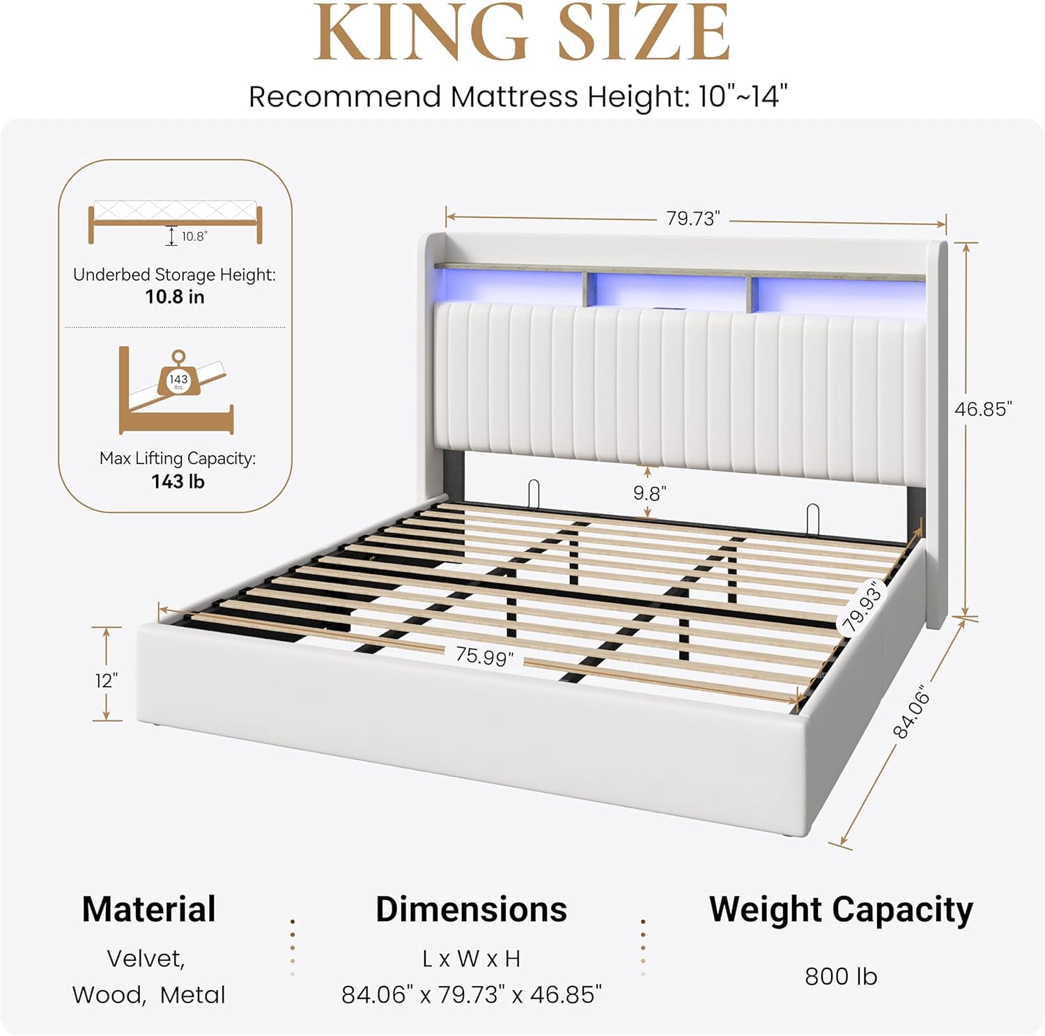 SHA CERLIN King Size Lift Up Storage Bed Frame, LED Lights, Charging Station, 2-Tier Shelves Headboard, USB Type-C Ports, Velvet Upholstered, Hydraulic Support, Noise Free, White