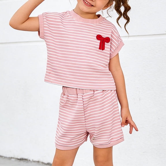 Cethrio Girls Casual Outfit Sets, Stripe Short Sleeve 2 Piece T-shirts and Shorts Sets Pink Size 10
