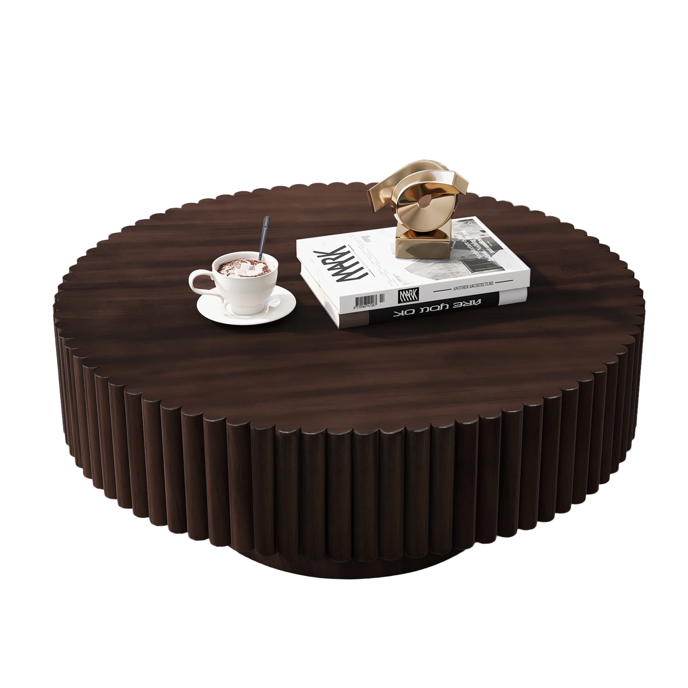 Noble House 31.5" Round Fluted Drum Coffee Table, Solid Wood Modern Center Table for Living Room, Espresso