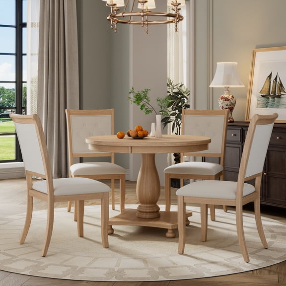 Churanty 5 Piece Round Farmhouse Dining Set for 4, Round Table with Pedestal Table Base and 4 Upholstered Chairs for Dining Room and Kitchen, Natural Wood Wash