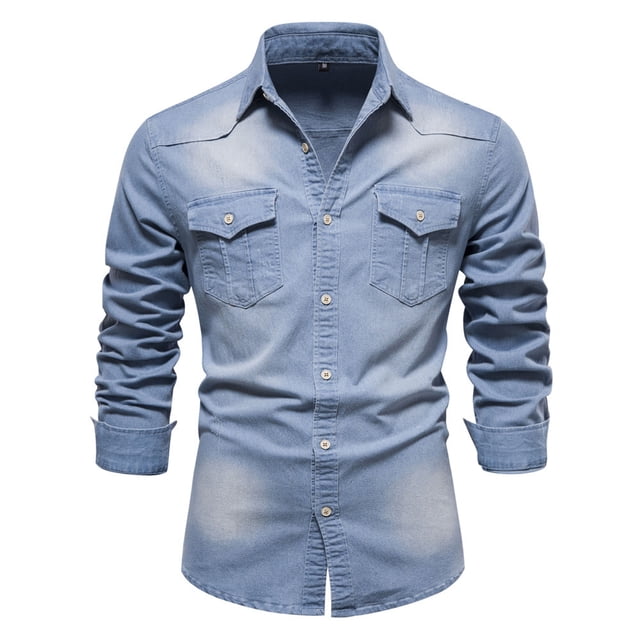 Men's Classic Denim Long Sleeve Shirt Solid Color Casual Button Down Work Shirt with Chest Pocket