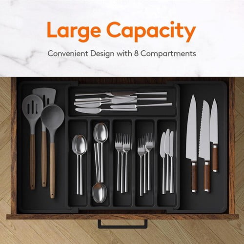 Colourtree Black Utensil Organizer for Kitchen Drawers, Expandable Cooking Utensil Tray, Adjustable Cutlery Silverware Flatware Holder, Plastic Kitchen Spatula Tools and Gadgets Storage Divider