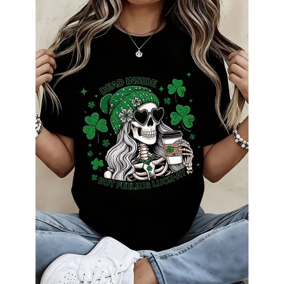 Funny Skeleton Coffee Clover St. Patrick's Women Short Sleeve Graphic T-Shirt