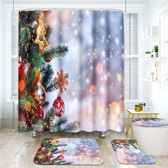 4 Pcs Shower Curtain Set Christmas Cute White Owl Sitting with Non-Slip Rugs Toilet Lid Cover and Bath Mat Bathroom Decor Set 72" x 72"