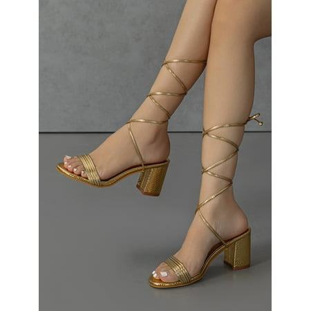 

Metallic Snakeskin Embossed Tie Leg Chunky Heeled Sandals Women‘s Footwear