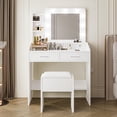 thumbnail image 2 of GloryStar Dressing Table with Mirror and 3 Lighting Modes, LED Vanity Desk with Power Outlet, Cushioned Stool, and Two Drawers, 2 of 8