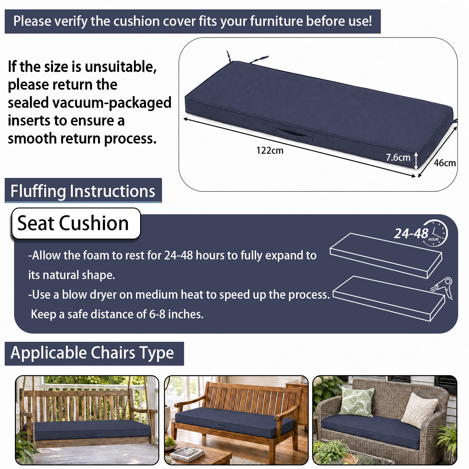 YEERSWAG 48x18x3 inch Outdoor Chair Cushions Bench Cushion Patio Chair Cushions Non Slip Removable Anti-fading Water Resistant Garden Loveseat Cushion with Handle