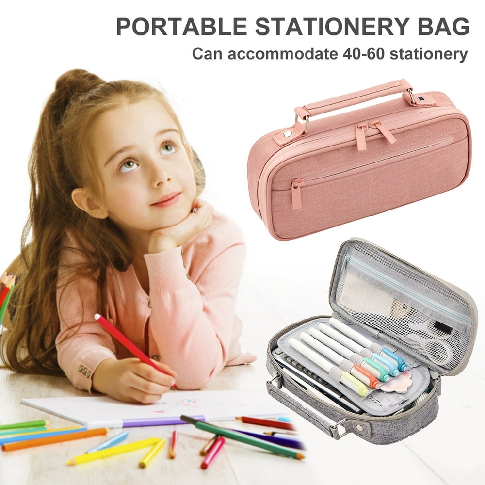 Large Capacity Pencil Pouch Handheld Student Zipper Pencil Case with Multiple Compartment Portable Cosmetic Bag Stationery Organizer for School Girls Boys