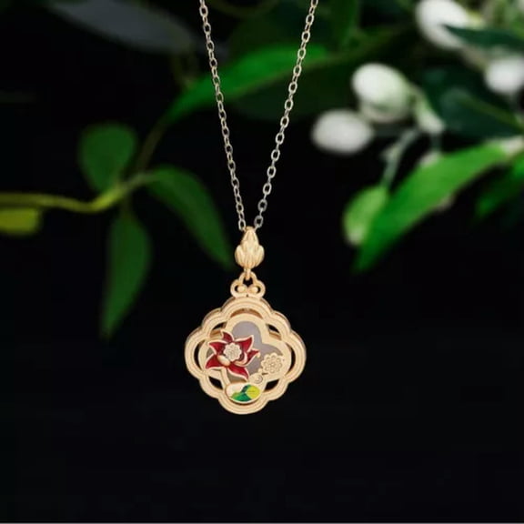 HOOUN White Natural Jade Lotus Pendant Necklace 18K Gold Plated Real Jewelry