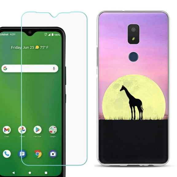 Slim-Fit TPU Fashion Phone Case for Cricket Icon 3, with Tempered Glass Screen Protector, by OneToughShield ® - Moonlight Giraffe