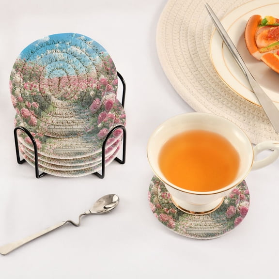 BZSMCE 6Pcs Drink Coasters With Holder 3.94Inch Pink Blooming Rose Creative Coil Coaster Coasters Colors Absorbent Coasters for Drinks Coasters Set Thicken Heat for Home Table