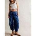 thumbnail image 4 of Women'S Casual Loose Low-Rise Denim Cropped Pants Elastic Waistband Pockets Blue XXL, 4 of 10