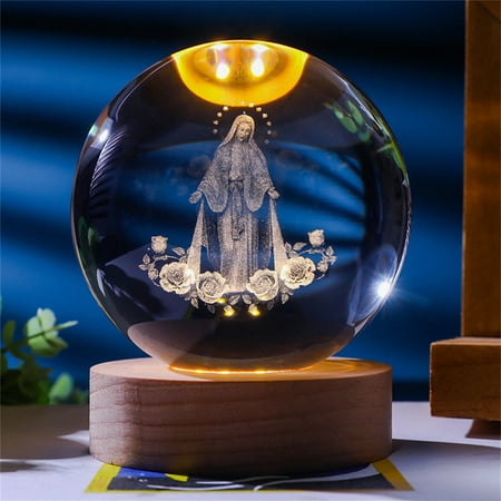 

UNLLLL Crystal Ball Night Light Engraved Holy Family Figurine Statue With Wooden Stand Color Changing Light Glass Religious Collection Catholic Church for Bedroom Outdoor Gift Giving