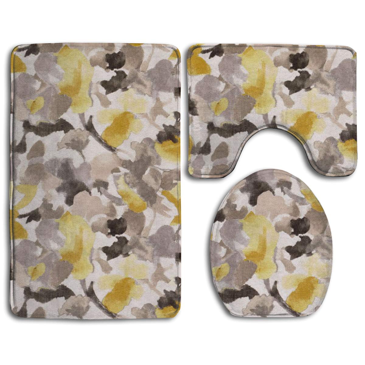 GOHAO Yellow Gray Flower 3 Piece Bathroom Rugs Set Bath