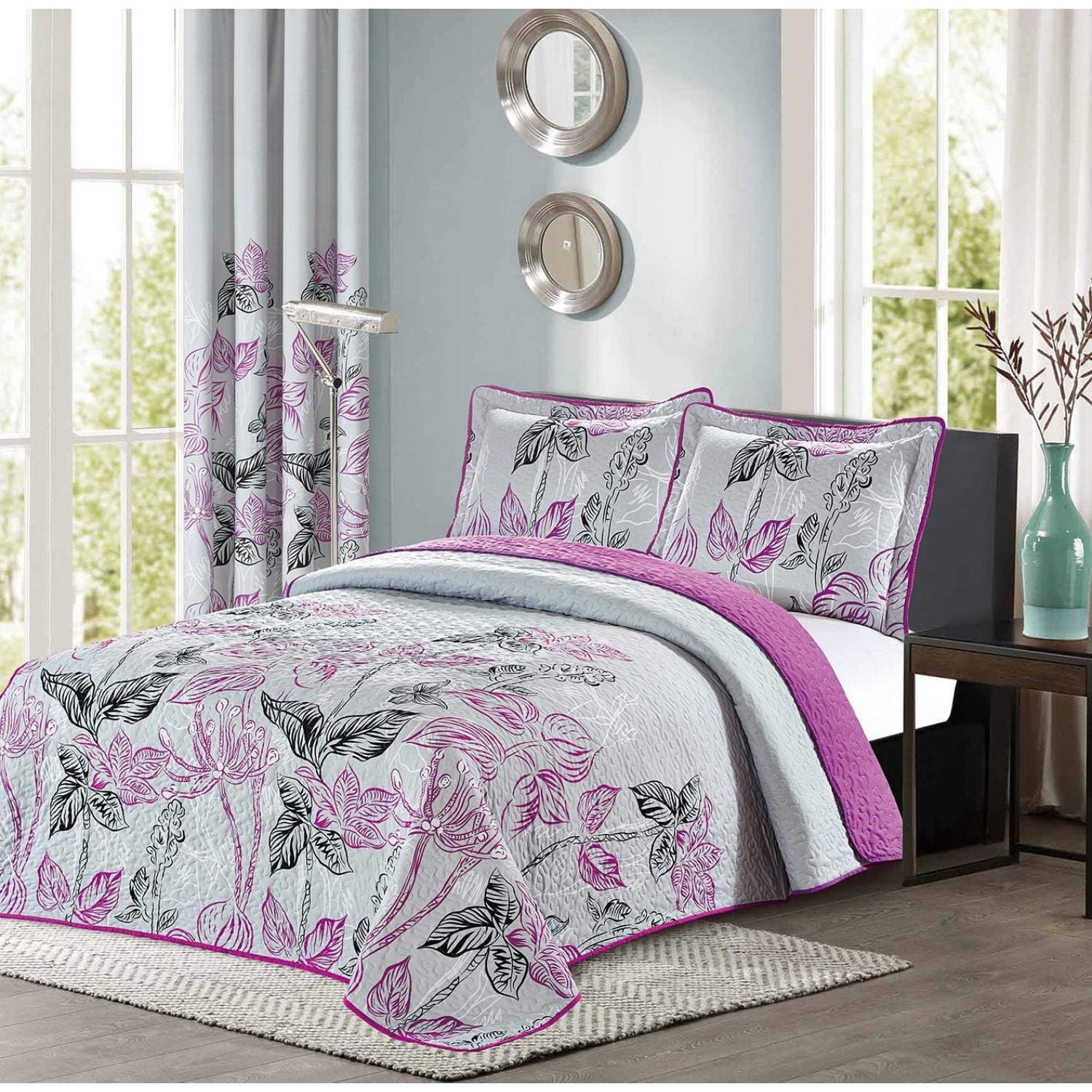 Bilot 2pc Purple and Grey Modern Plaid Bedspread and Pillow Sham Set | Matching Curtains Available! ( Size)