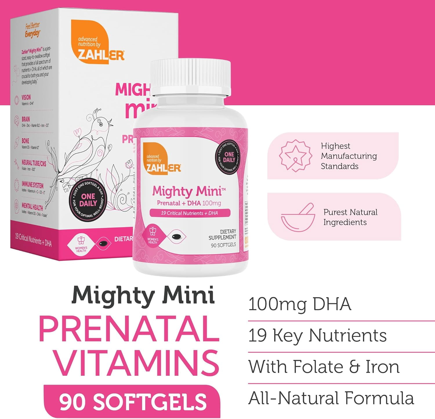 Zahler Mighty Mini Prenatal Vitamin with DHA & Folate, 90 Softgels, Multivitamins for Women, Prenatal Support, Pregnancy Vitamins