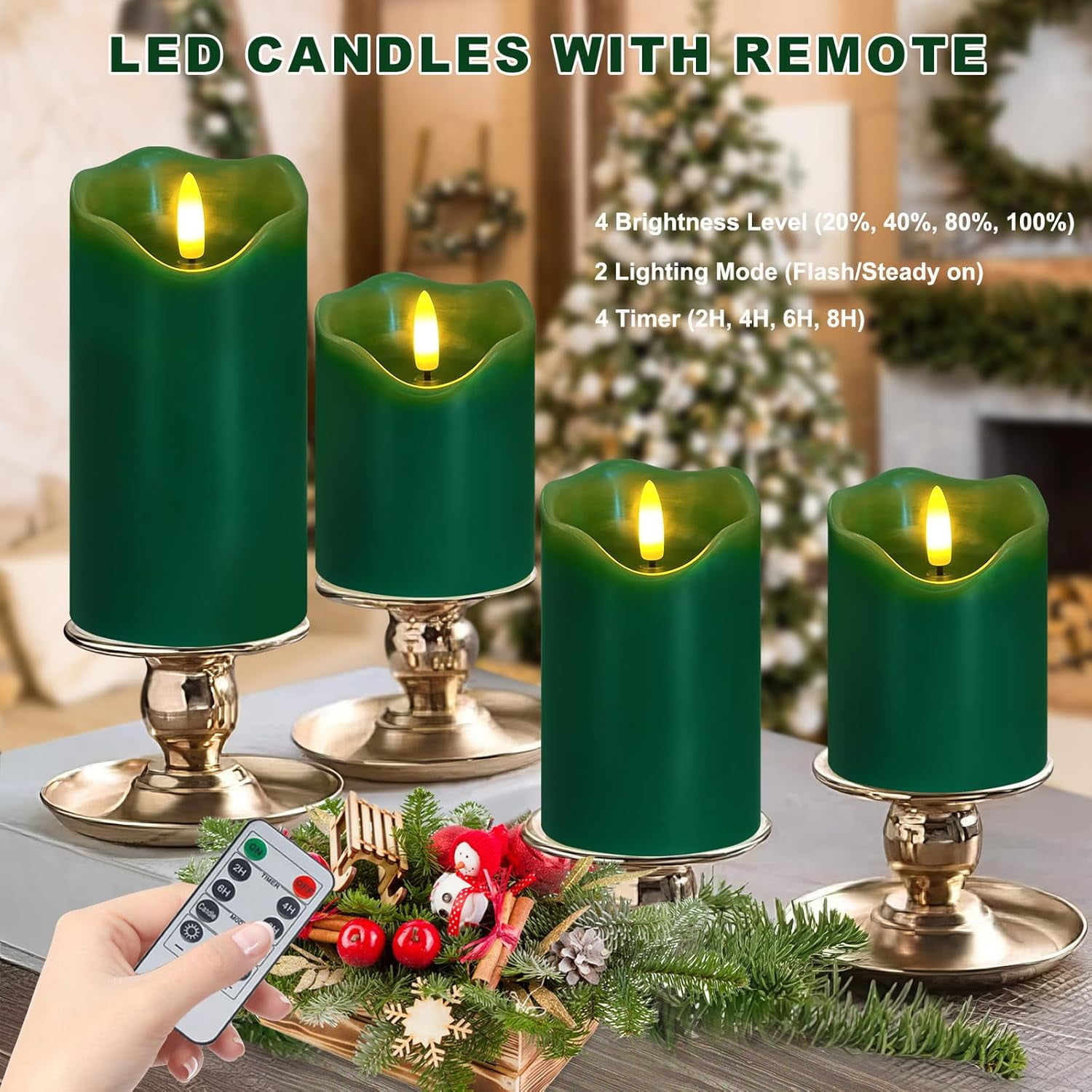 Flameless Candles Lights, Set of 3 Green Flickering LED Candles with Remote & Timer, Dimmable LED Pillar Candles Battery Operated, Electric Candles for Home Thanksgiving Christmas Decor
