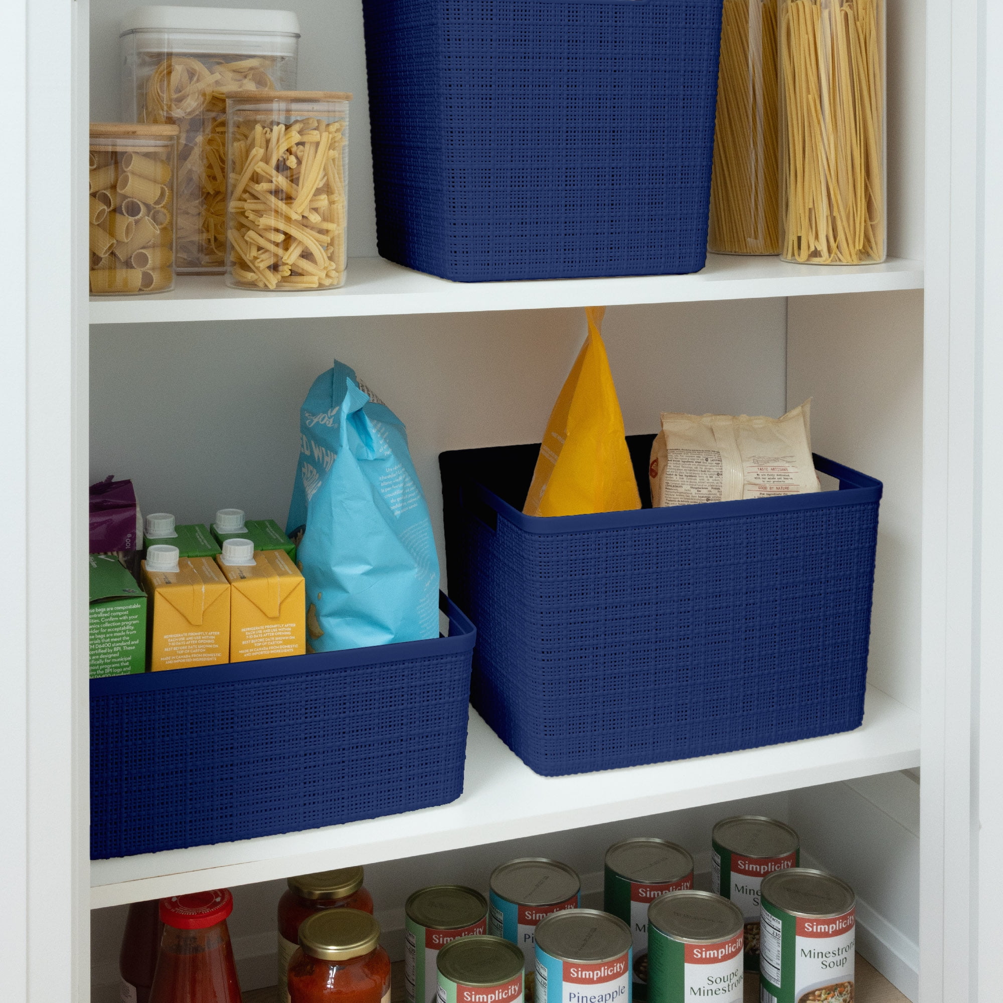 Curver Set of 4 Jute Basket Large Durable Resin Organization and Storage Basket Bin, Blue