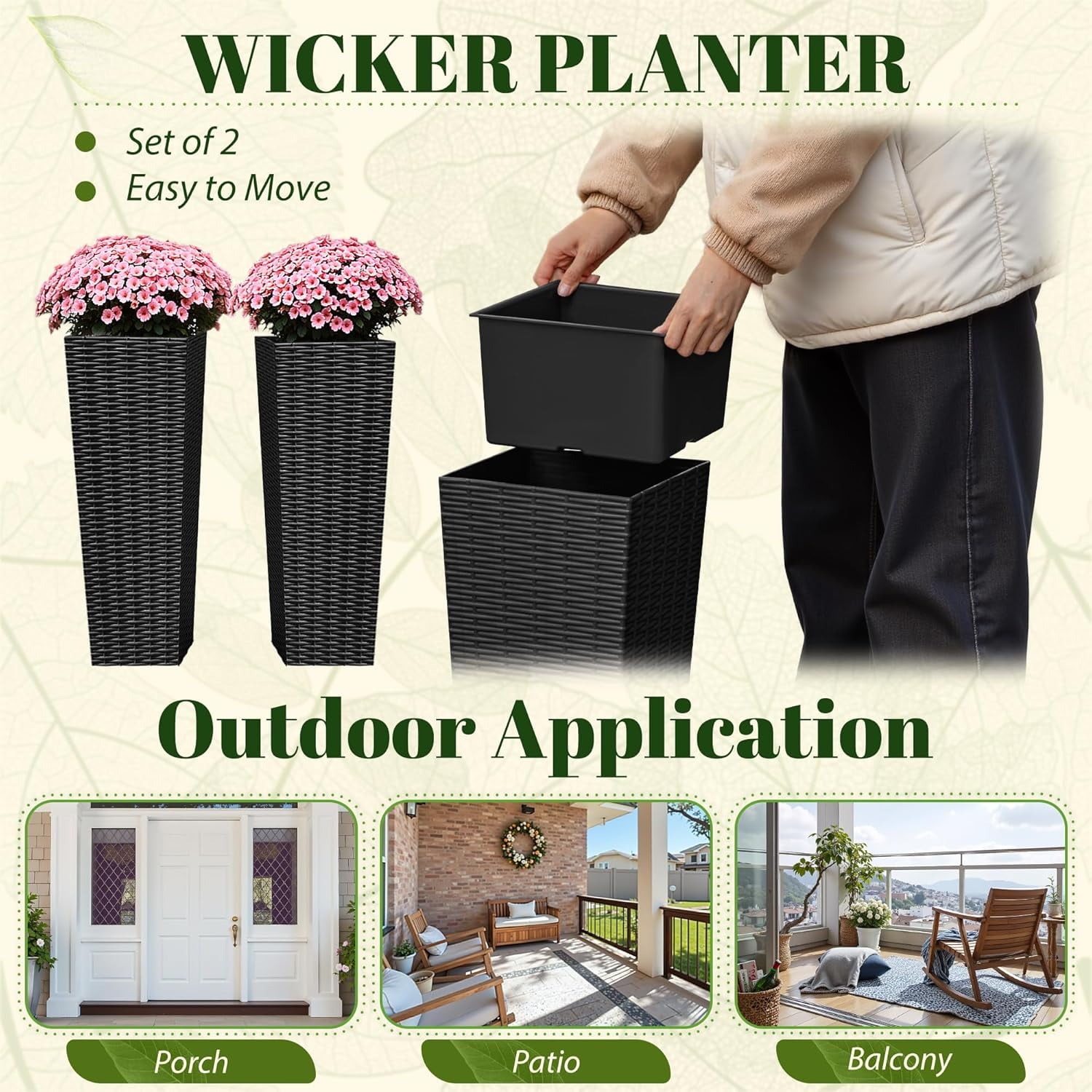 YounGG Lane Set of 2 Resin Rattan Tall Planters for Outdoor Plants, Large Tapered Planters with Drainage Holes&Inner Trays, Flower Pots for Garden, Patio, Porch, Backyard (Black, 24'')